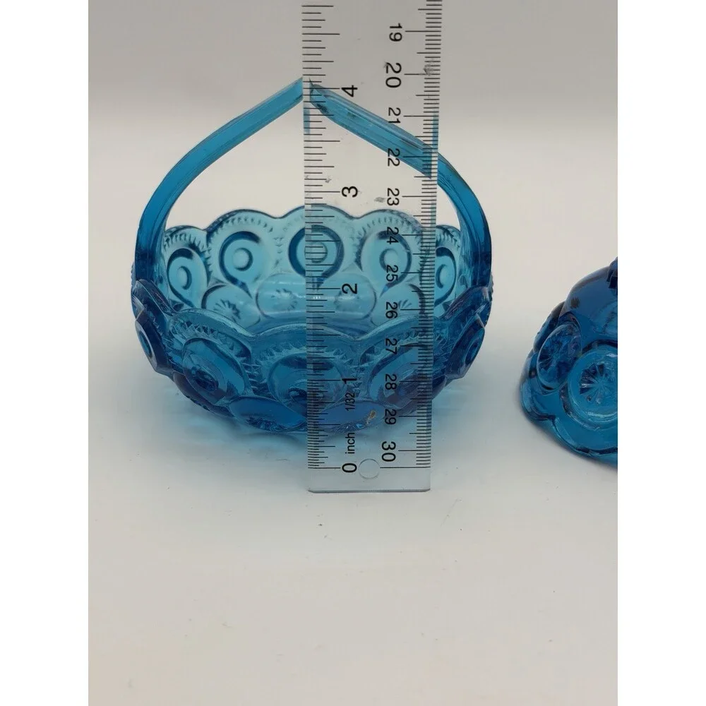 MCM LE Smith Moon & Stars Art glass basket & Candleholder colonial blue Set